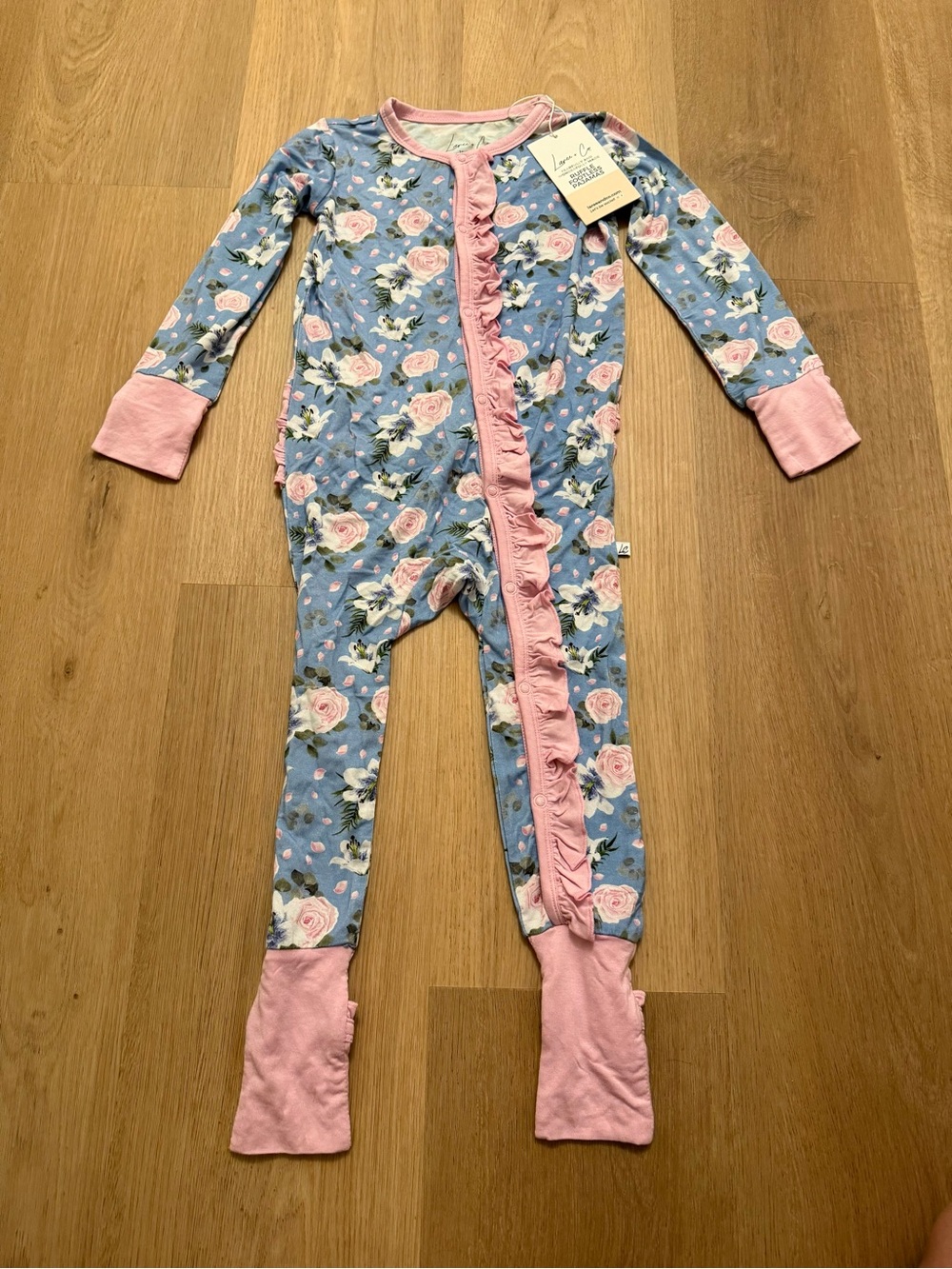 Blue Floral Ruffle-Trim Bamboo One-Piece Pajamas